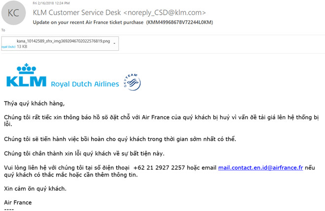 Thư thông báo hủy vé được viết bằng tiếng Việt nhưng nhiều lỗi chính tả được gửi từ KLM, công ty mẹ của Air France.