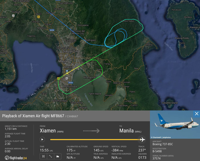 Máy bay XiamenAir từ Hạ Môn đi Manila phải lòng vòng khoảng 1 giờ đồng hồ trước khi hạ cánh bất thành và trượt khỏi đường băng.