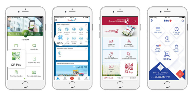 Bốn ngân hàng có lượng khách hàng lớn nhất của Việt Nam cũng đã nhanh chóng tích hợp tính năng QR Pay vào ứng dụng di động của mình