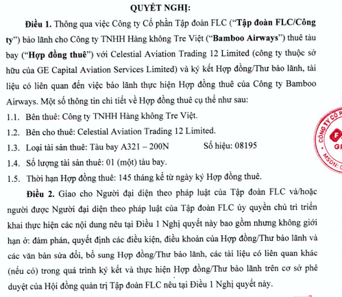 Nội dung Nghị quyết của HĐQT FLC thông qua bảo lãnh cho Công ty TNHH Hàng không Tre Việt thuê máy bay A321 - 200N của Celestial Aviation Trading 12 Limited 